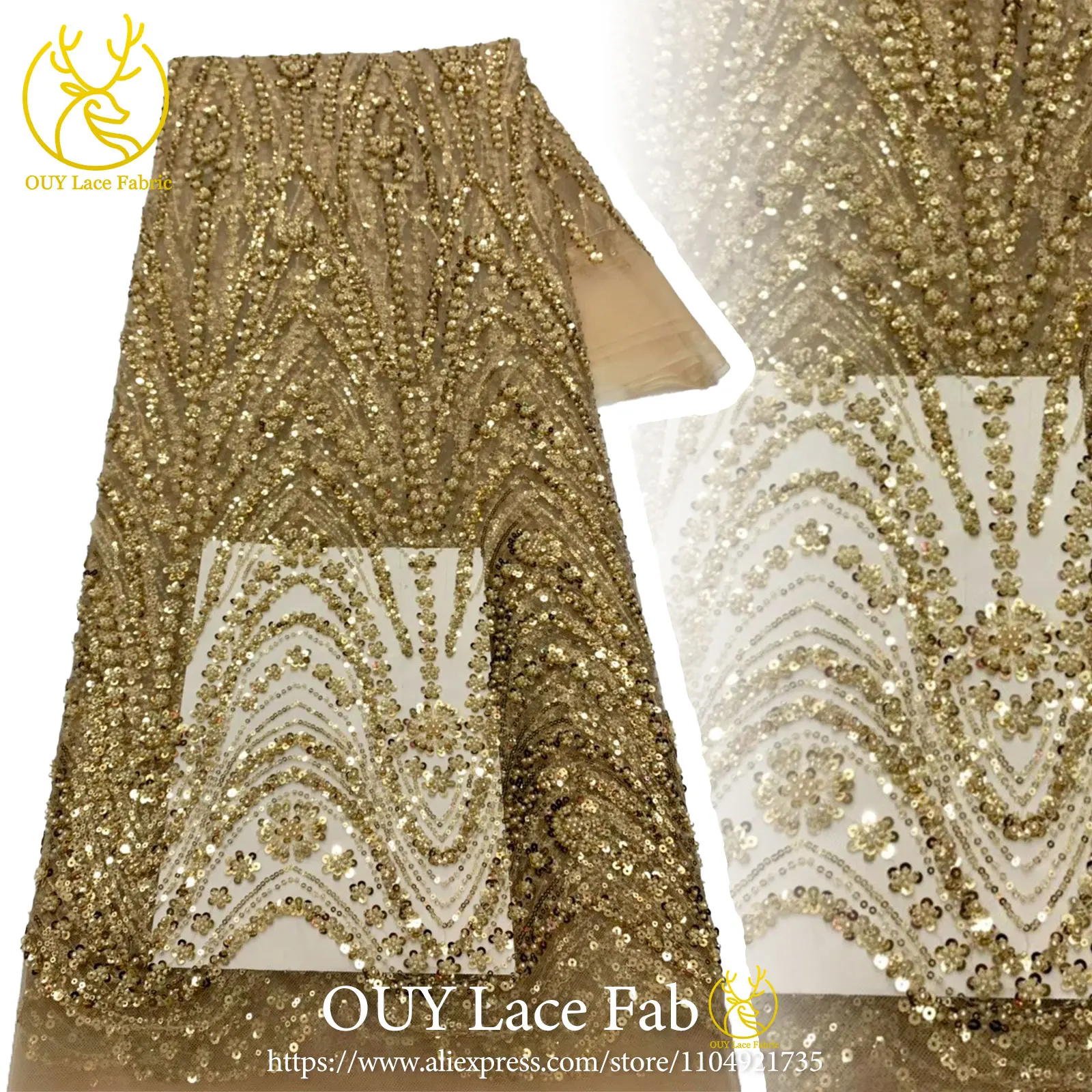 ผ้าลูกไม้ลูกปัดสีทองแอฟริกัน 2026 ผ้าลูกไม้ชีฟองประดับเลื่อมคุณภาพสูงจากไนจีเรีย เหมาะสำหรับตัดเย็บชุดงานแต่งงาน