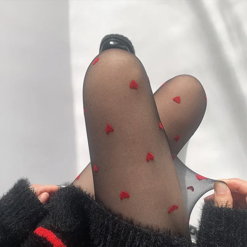 Pantyhose Woman Ultra thin Red Heart-shaped Dots Sexy Stockings Breathable Comfortable Long Black Stockings for Women