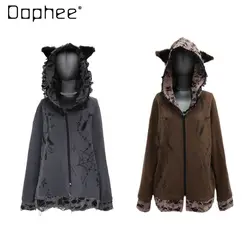 Moletons femininos de manga comprida com zíper, moletom rasgado original de orelha de gato escuro Harajuku, casaco outono e inverno, nova streetwear