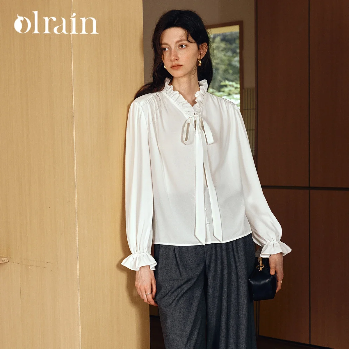 

OLrain Women's Chiffon Blouse 2026 Spring Autumn French Style Flowing Ribbon Tie Ruffle Collar Long Sleeve Top Woman O57QC001115