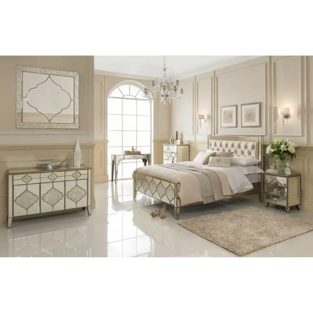Luxury Bedroom Furniture Diamond Crystal Bedroom Wooden Frame Mirrored Kingsize Bed