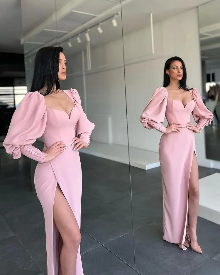 Fuchsia Evening Dresses 2023 Long Satin Puffy Full Sleeves Side Slit Sweetheart Floor Length Mermaid Formal Party Prom Gowns