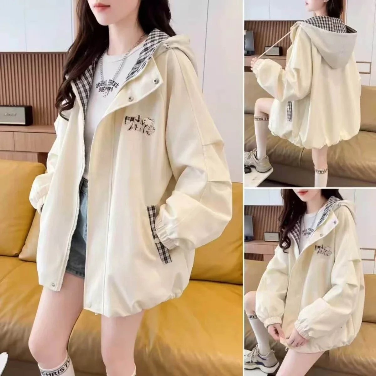Casual Lazy Style Women's Spring New Fashion Slimming Plaid Patchwork Windbreaker Jacket Fresh Sweet College Style Sweatshirt