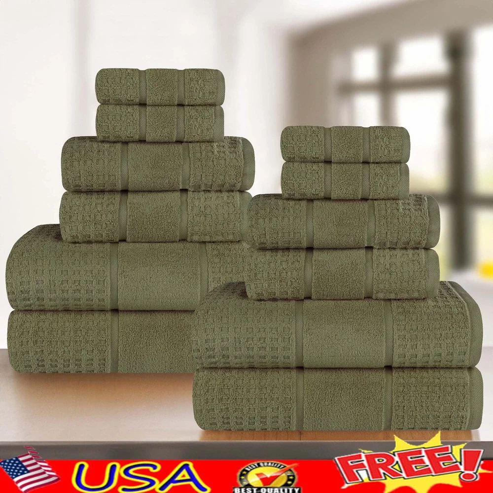 

12-Piece Zero Twist Cotton Towel Set Quick Dry Plush Absorbent Waffle Honeycomb Border Face Hand Bath Towels Forest Green