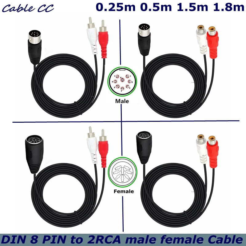 0.5m 1.5m Din 8-pin to 2RCA Lotus Connector Cable for Male and Female Audio Adapter Cables for Instrument Audio Equipment