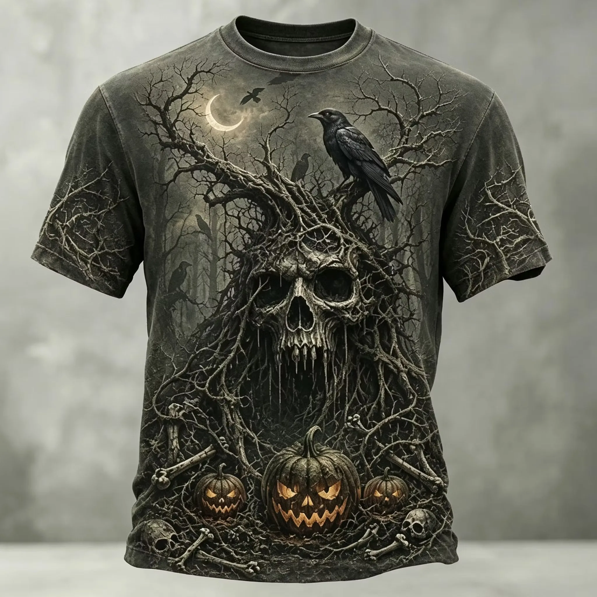 Men Horror Skeleton Demon 3D Print T‑Shirt Halloween Gothic O‑Neck Short Sleeve Loose Fit Festival Party Graphic Tops