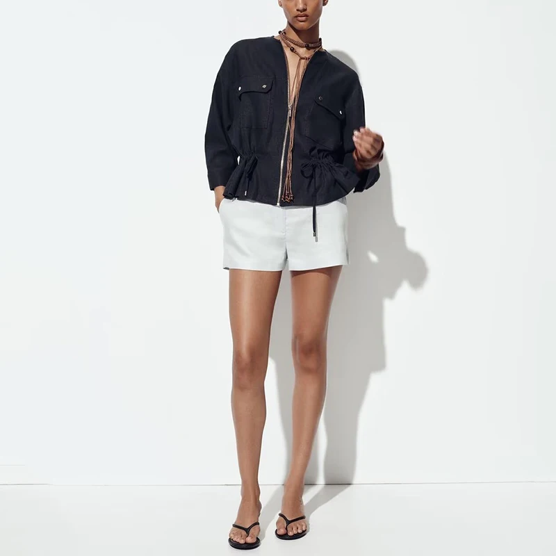 

Z Women's Faion Casual Linen Blend Hunting Jaet Loose Fit Polyester Long Sve ort Coat Pure Color 2025 Summer