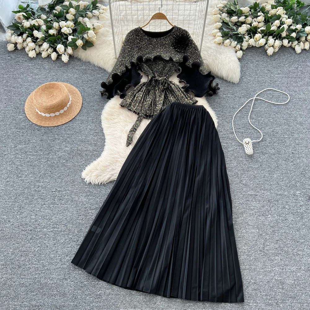 Schickes Vintage dreidimensionales Langarm-Blumenmuster koreanische Mode Herbst Winter Damen Kleidung Kleid Zweiteiliges Set