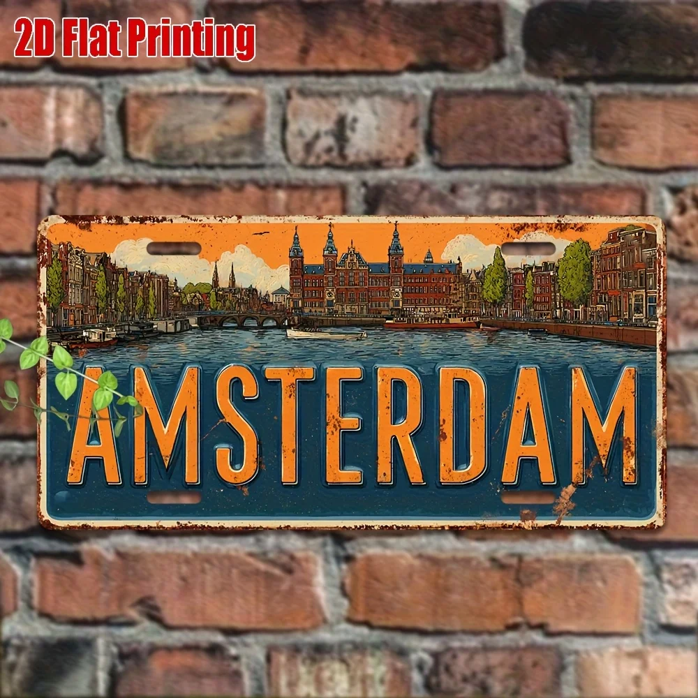 2D Flat, 2D Flat - 1 Vintage Amsterdam Metal License Plate Sign | 29.97x14.99cm Aluminum Wall Decor with Dutch Cityscape Design,