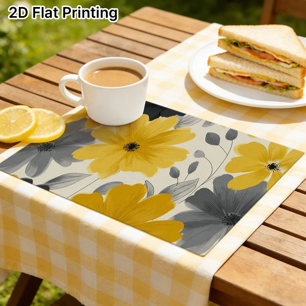 Yellow And Gray Floral Flowers Pattern Placemats, Ideal for Dining, Kitchen, Holiday Table Setting, Party Decor