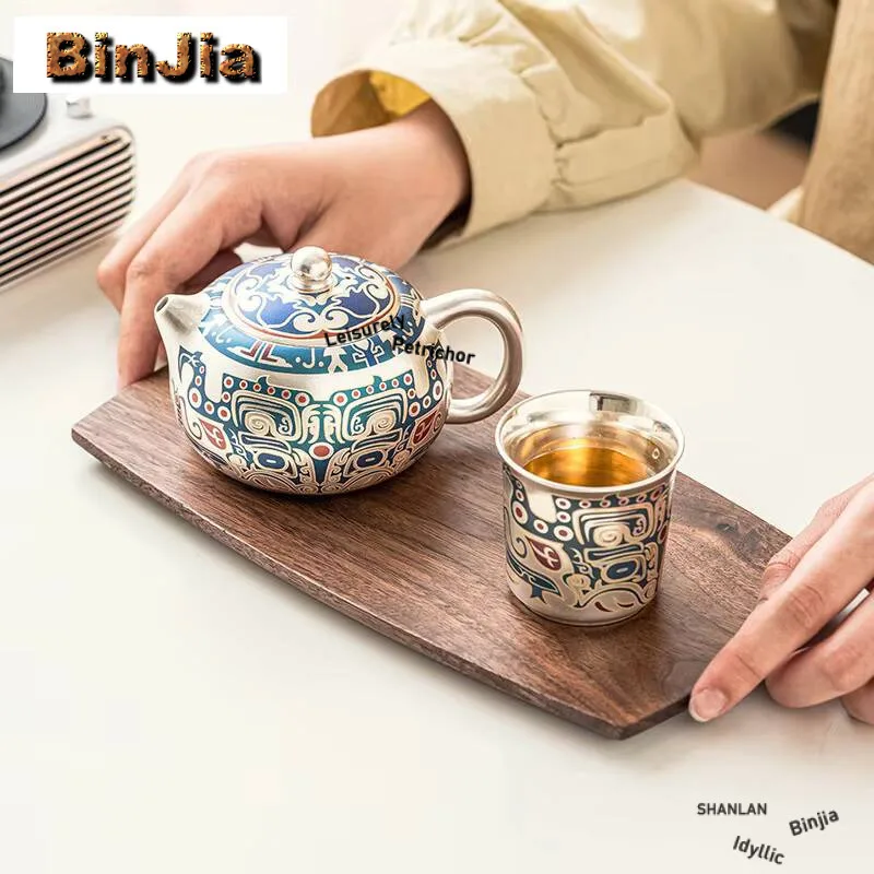 

High End 999 Gilded Sier Teapot Boutique Taotie Pattern Xishi Pot Tea Making Kettle With Ball Hole Filter Accessories Supplies