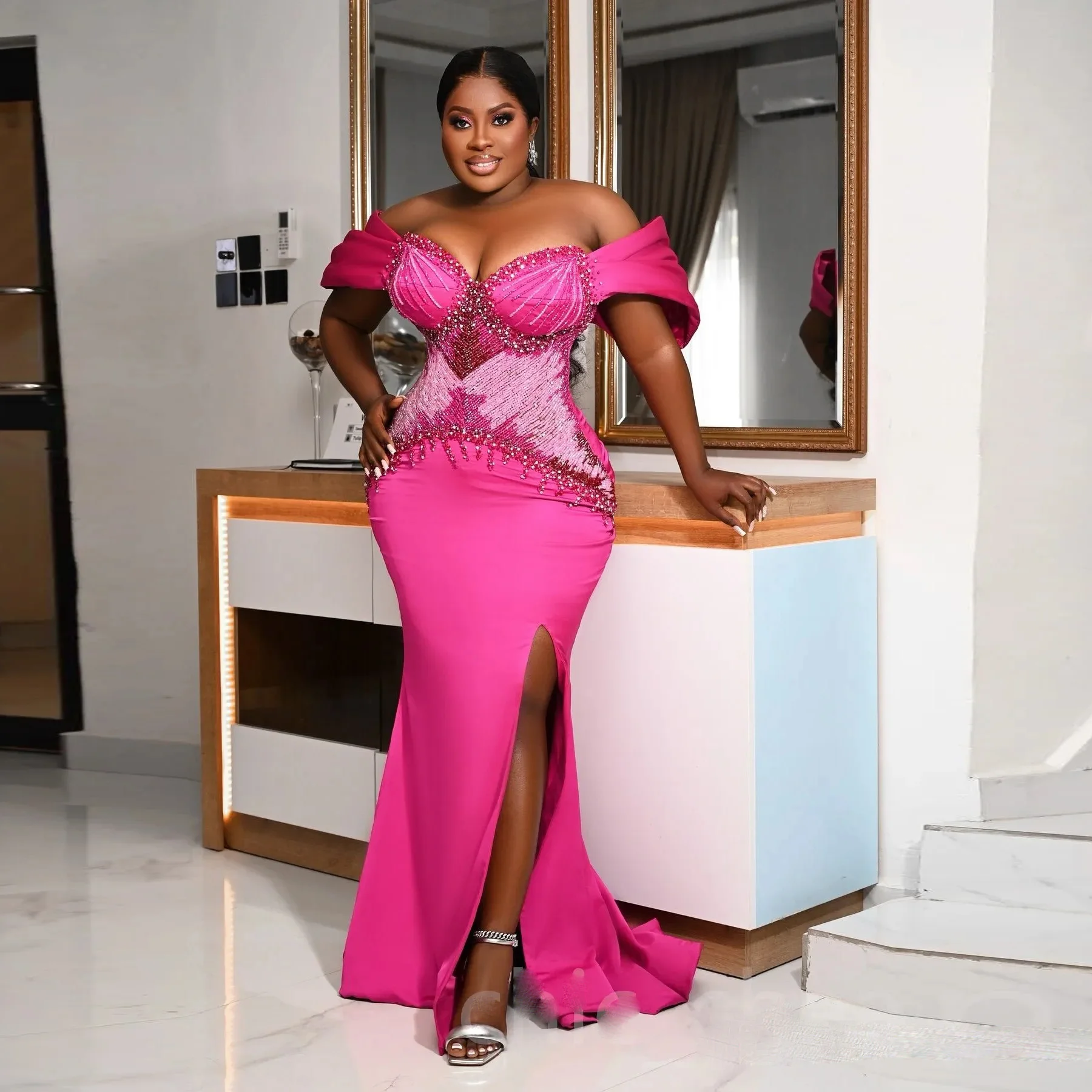 Pink Sequin Mermaid Evening Dress Plus Size Prom Dresses for Women Off Shoulder Hand Made Rhinestones Crystals Prom Gowns Split