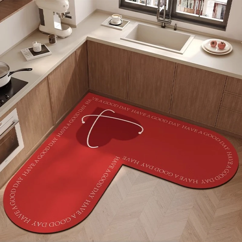 L-shaped Heart Shaped Kitchen Floor Mat Diatomaceous Mud Absorbent Home Bathroom Foot Mat Anti Slip Oil Resistant Red Carpet