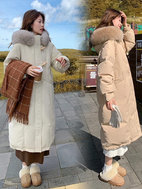 

Korean Sle Thiened Long down Cotton Jaet Women's Winter Coat with Large Fur Collar Ultra Beautiful over Knee Coat