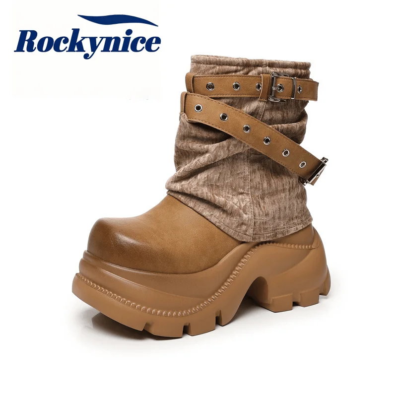New Women Leather Punk Boots High Platform Chunky Sneakers Autumn 9CM Wedge Heels Ankle Shoes Woman Winter Warm Motorcycle Boots