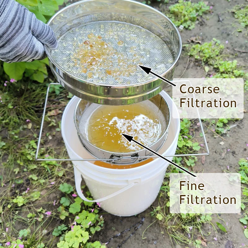 Coador de mel-filtro grosso e fino de mel de peneira dupla, ferramentas de extração de mel ss camadas duplas braços ajustáveis peneira de abelha