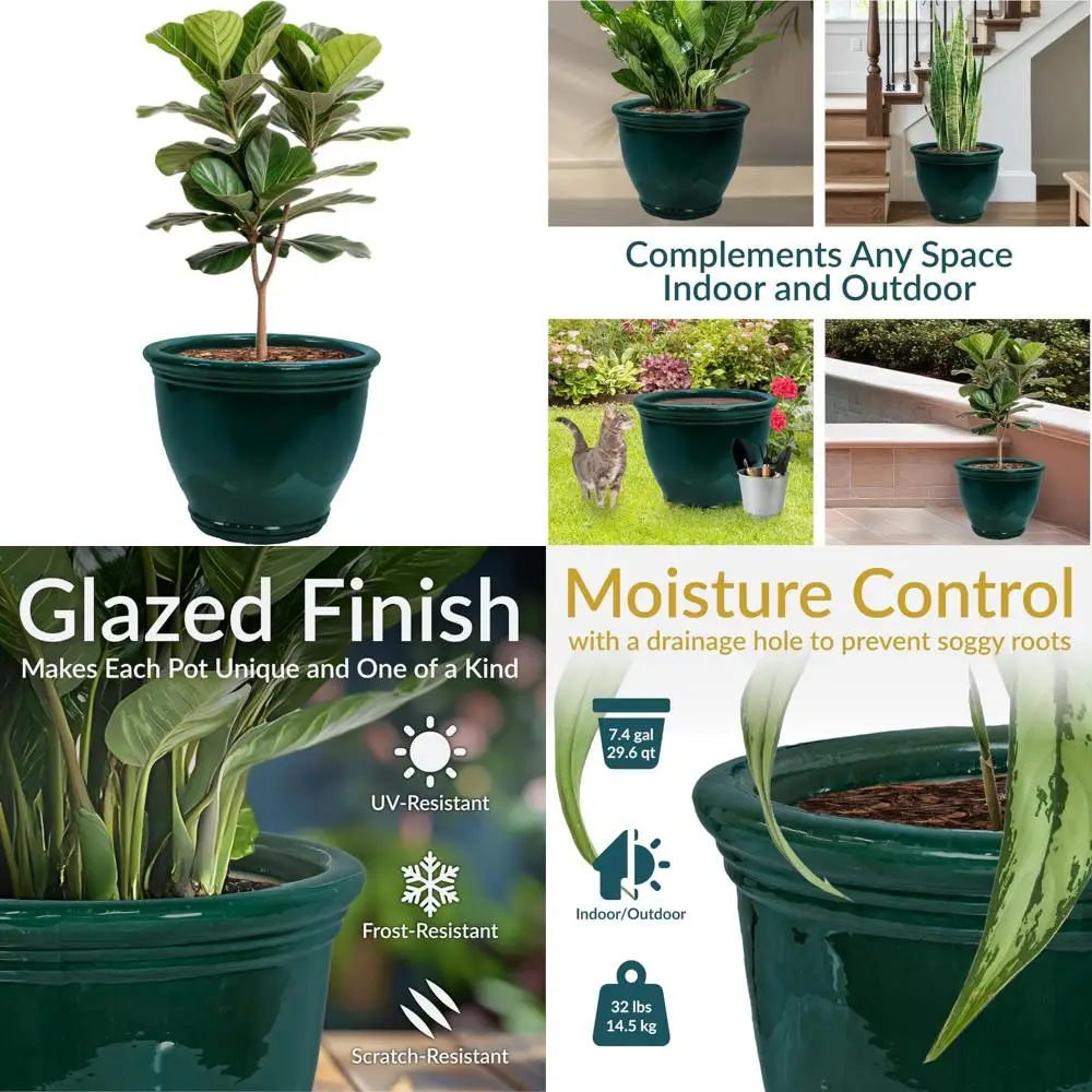 

Большой круглый глазурованный керамический горшок для улицы с дренажем, темно-зеленый, 18,5 дюйма — идеально подходит для декора сада и патио