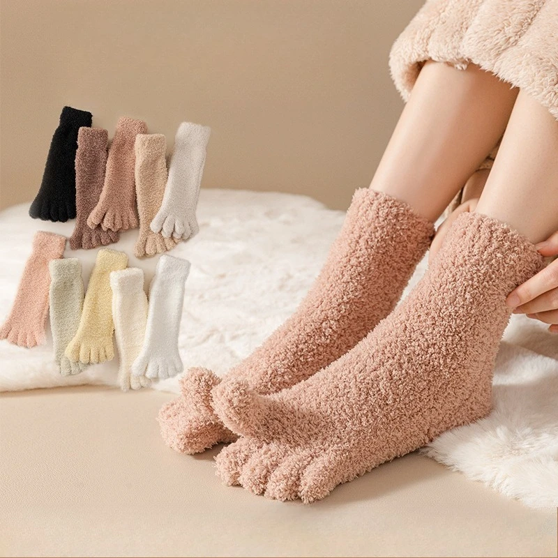 Thick Warm Coral Fleece Five-Toe Socks for Women Soft Plush Sleep Home Winter Cozy Anti-Odor Breathable Multi-Color Floor Socks