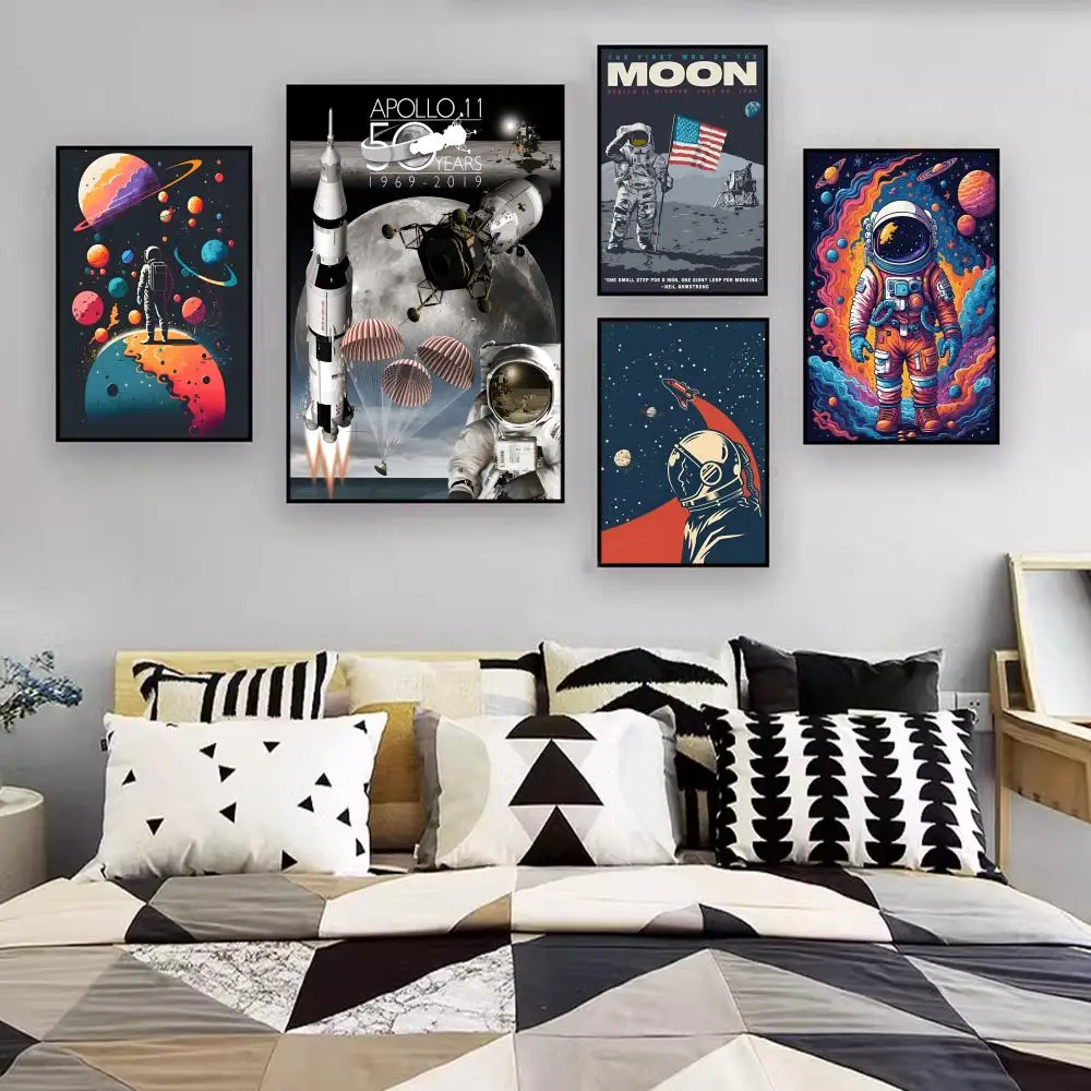 Astronaut Apollo Moon Landing  Poster Self-adhesive Art Poster Retro Kraft Paper Sticker DIY Room Bar Cafe Vintage Decorative Pa