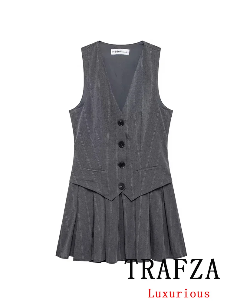 TRAFZA Vintage Casual Women Dress Gray Sleeveless V-Neck Button Mini Striped Folds Vestidos New Fashion 2024 Autumn Female Dress