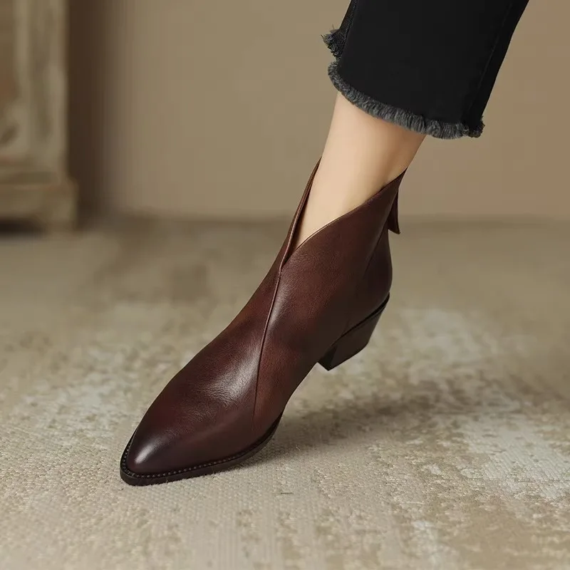 

Retro Women's Boots 2025 Spring and Autumn Single Boots Women's Middle Heel Pointed Coarse Heel Short Boots and Ankle Boots