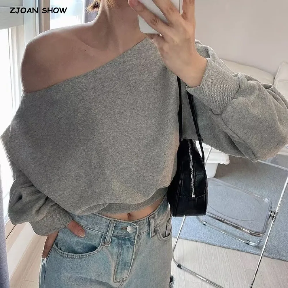 

2024 Autumn Harajuku Women One Dropped Shoulder Sweatshirt Full Bat Sleeve Short Loose Hoodies Casual Jumper Sweats