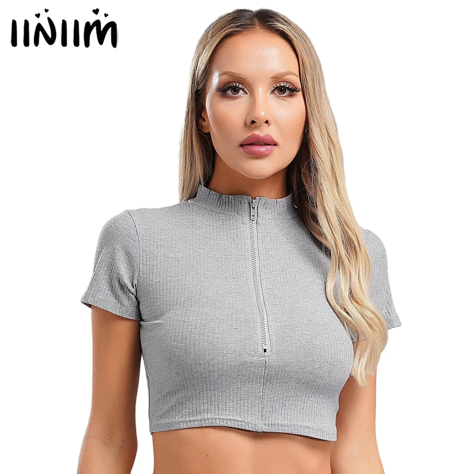 Womens Sexy Ribbed Cropped T-shirt Stand Collar Short Sleeve Front Zipper Solid Color Crop Top Blouses for Daily Casual Wear