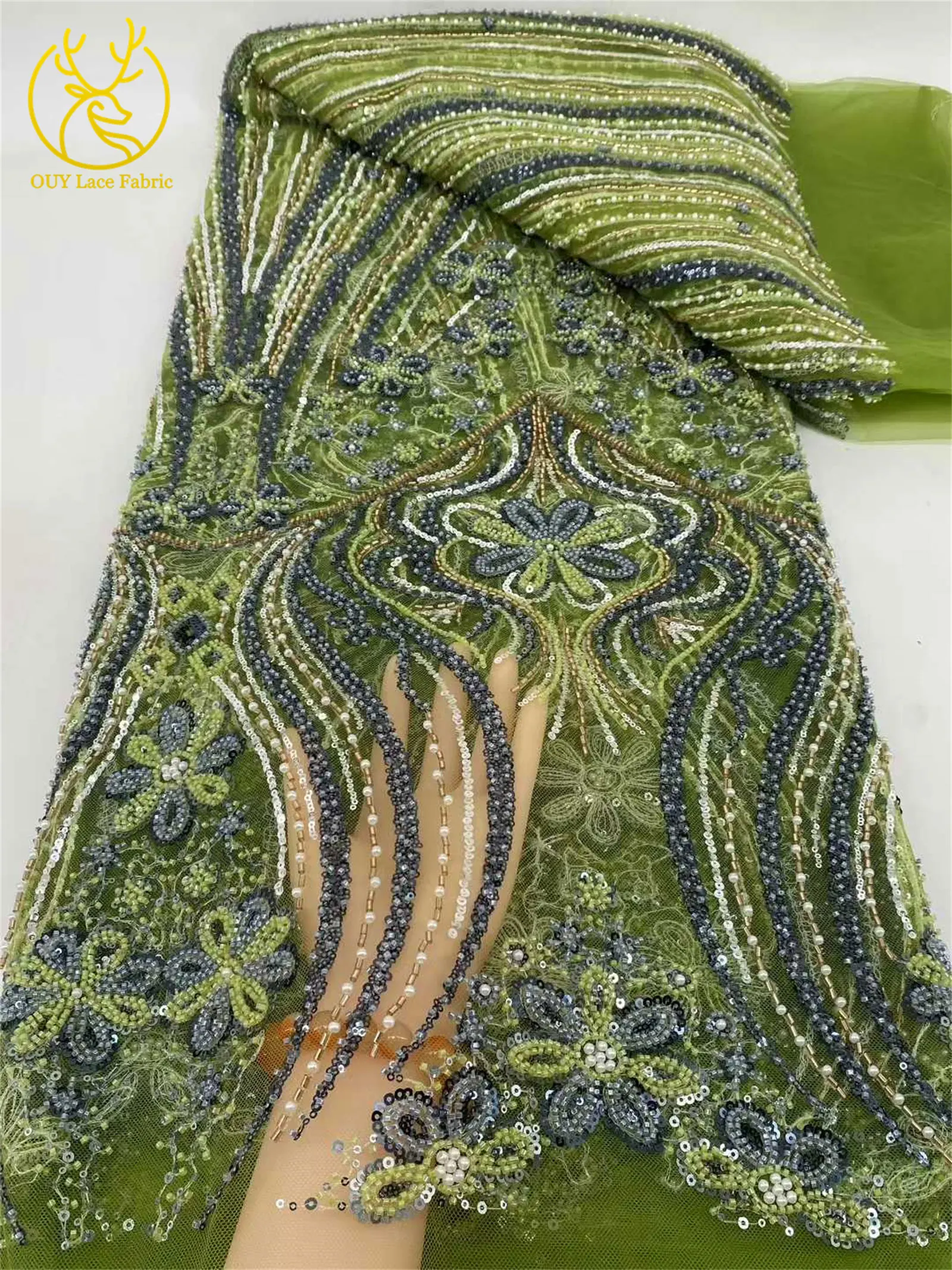 ブラウンアフリカビーズレース生地2025高品質フランスナイジェリア絶妙なスパンコールレース生地、ウェディングパーティードレス用5ヤード