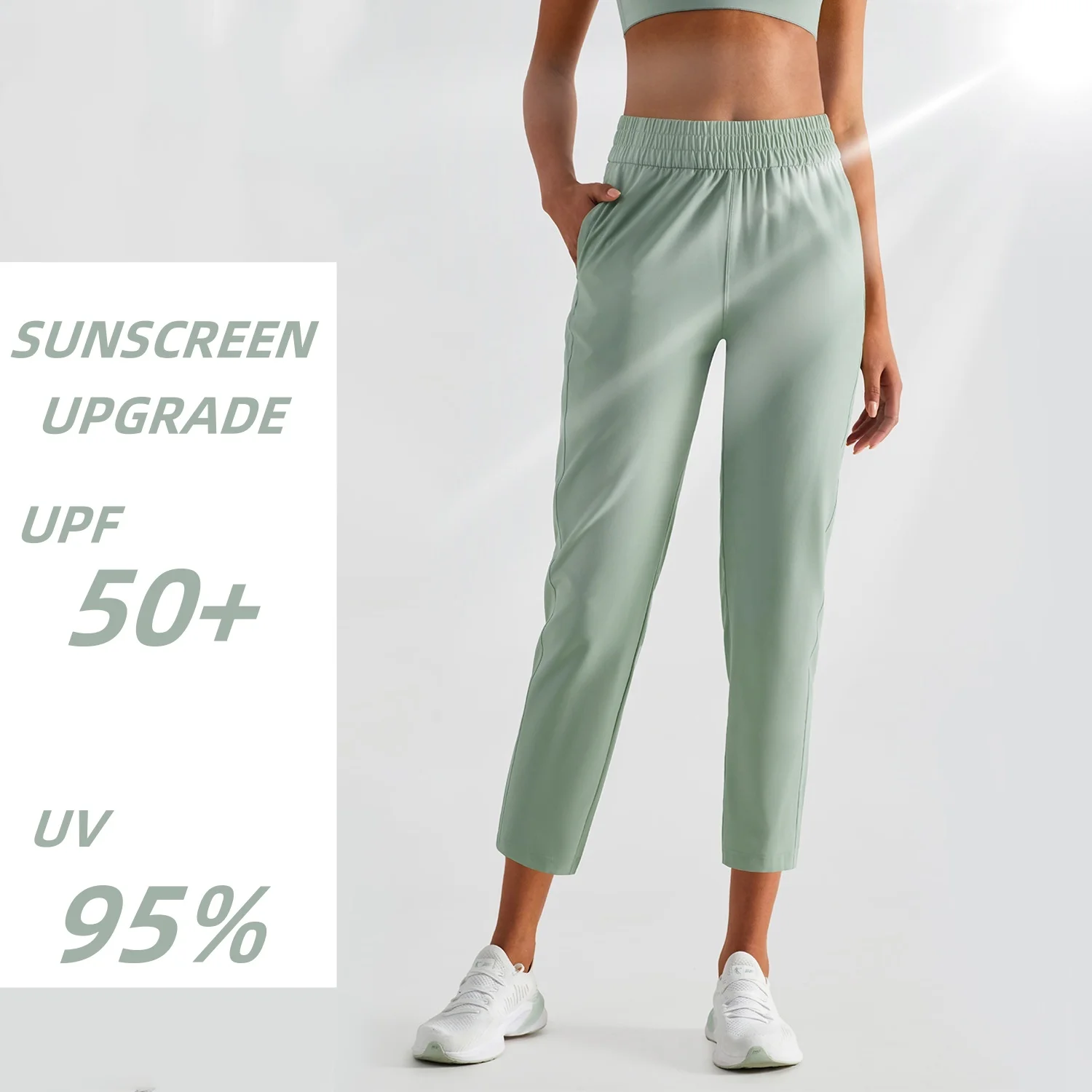 Women\'s loose sunscreen yoga pencil pants lightweight quick drying high waist eighth-point trousers with pocket & brand logo