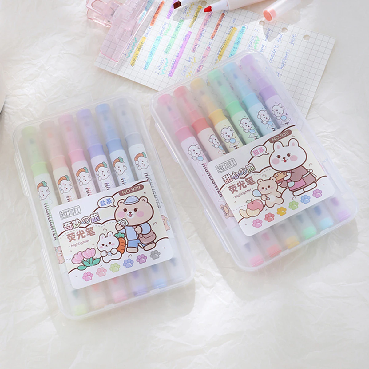 

Kawaii DoubleTips Highlighter Marker Pen Assorted Colors Quick Dry Water Based Drawing Highlighter Set of 6