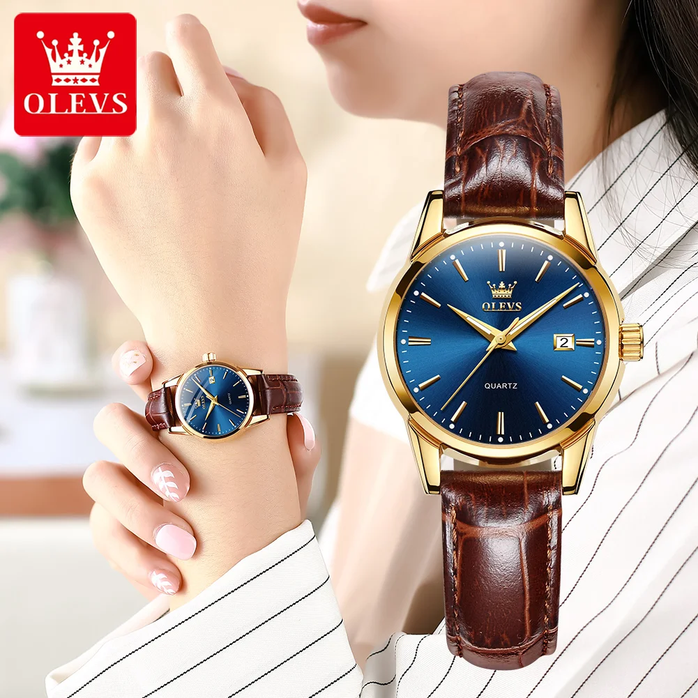 OLEVS 6898 Woman Watch Minimalist Quartz Watch for Women Original Leather Strap Waterproof Auto Date Elegant Ladies Wristwatches