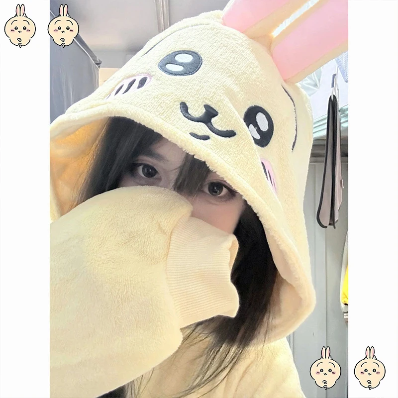 

Y2K Kawaii Chiikawa Usagi коралловая бархатная пижама с капюшоном для девочек мультфильм Hachiware женская бархатная домашняя одежда осень-зима теплая