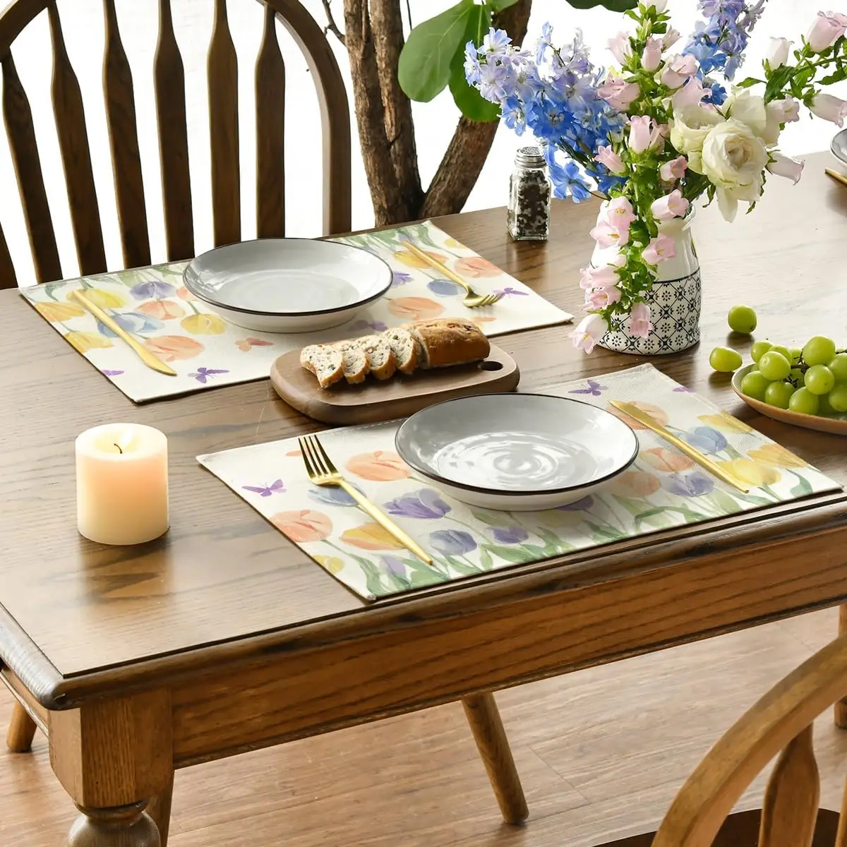 4Pcs, Watercolor Tulip Butterfly Placemats, Washable, Suitable for Holiday Parties, Home Decor, Kitchen Countertops, Rectangular