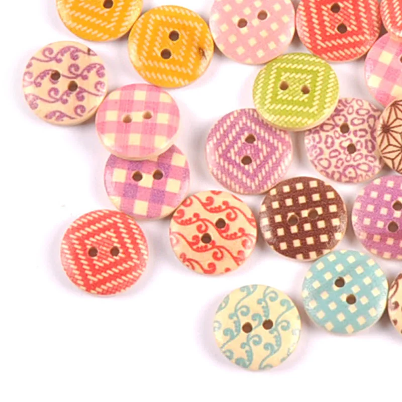 50pcs 1.8cm Geometric Grid Patterns with Two Hole Wooden round Buttons Handmade DIY Sewing for Clothing Decoration