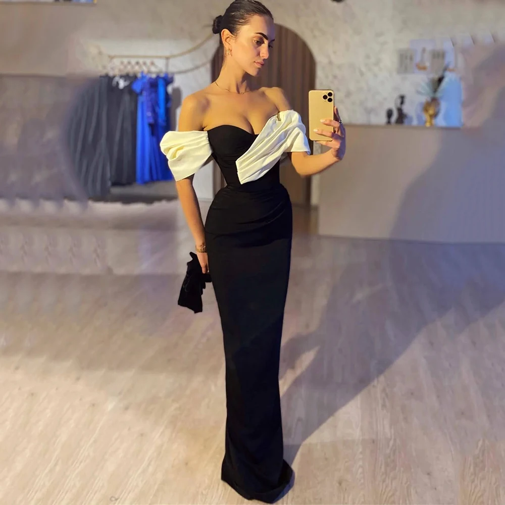 Flechazo Chic Sheath Evening Dress Pleat Off the Shoulder Short Sleeves Black and White Floor Length Women Party Event Gowns