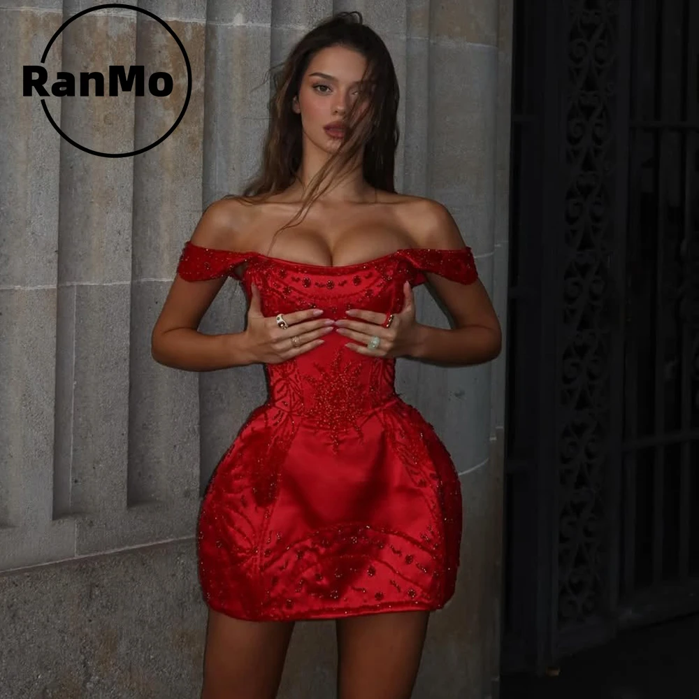 Vestido de Fiesta Corto de Satén Rojo Sexy Ranmo, Vestido de Graduación con Hombros Descubiertos, Vestido de Cumpleaños 2026 con Cuentas, Vestidos Cortos de Fiesta Personalizados