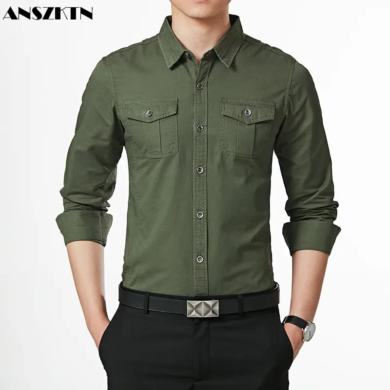 

ANSZKTN Men Casual Long Sleeve Shirt Solid Color Shirt Leisure M-5XL Blue Khaki Green All-Match Smart Shirt