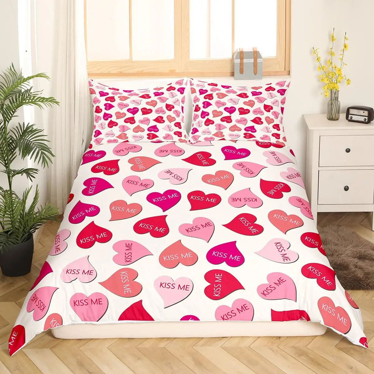 Red and Pink Love Heart Pattern Duvet Cover Valentine's Day Geometric Bedding Set Romantic Comforter Cover Polyester Quilt Cover