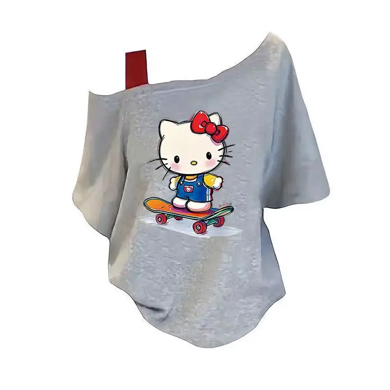 Hello Kitty Off Shoulder T Shirt Women Short Sleeve Loose Soft Cotton Y2K Cute Cartoon Print Casual Streetwear Slant Neck Tops view 2