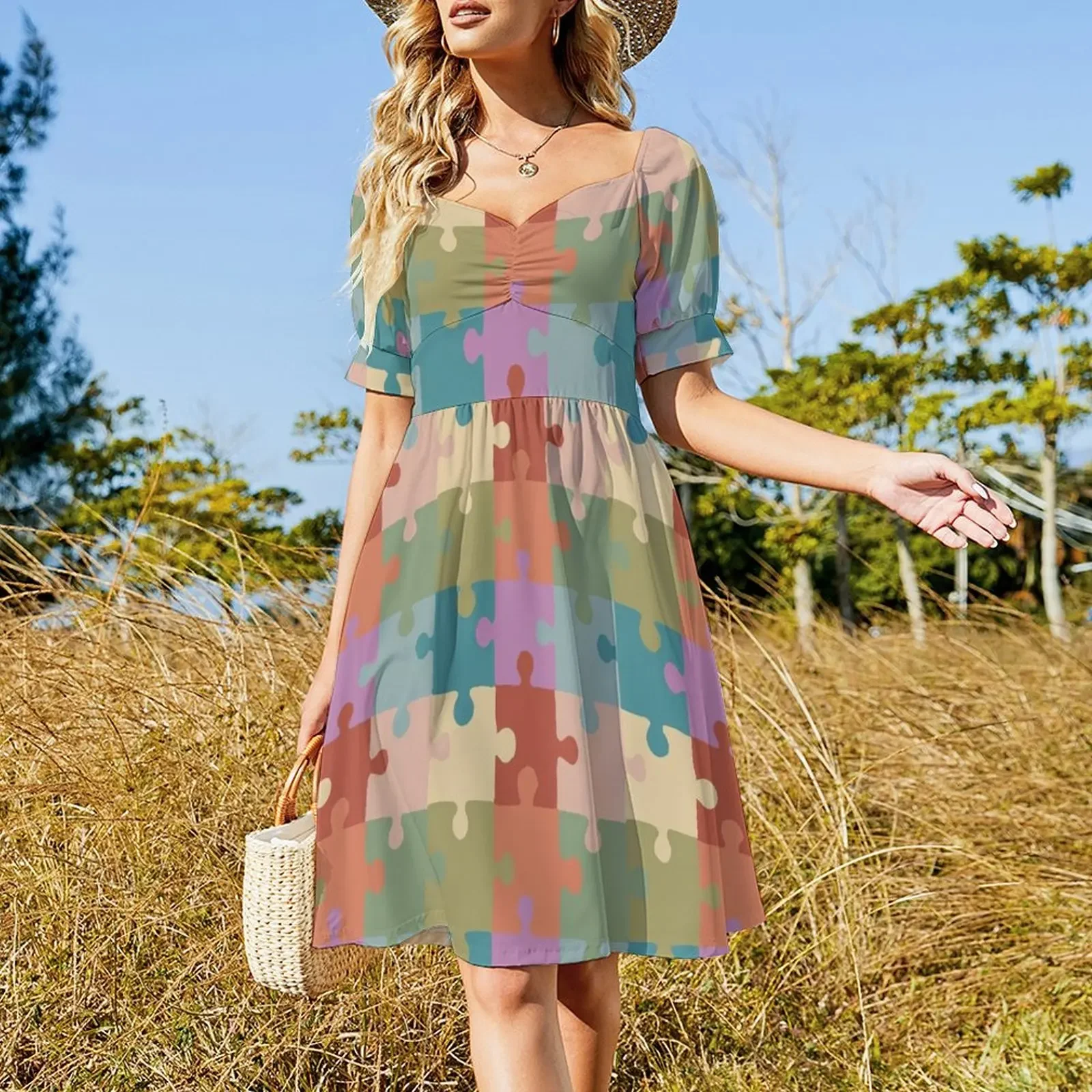 pastel jigsaw puzzle Sleeveless Dress Woman clothes Long dresses Dress