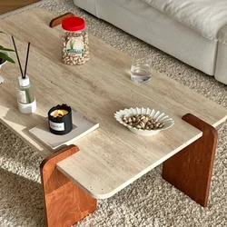 Minimalist solid wood travertine tea table small apartment living room household square balcony coffee table