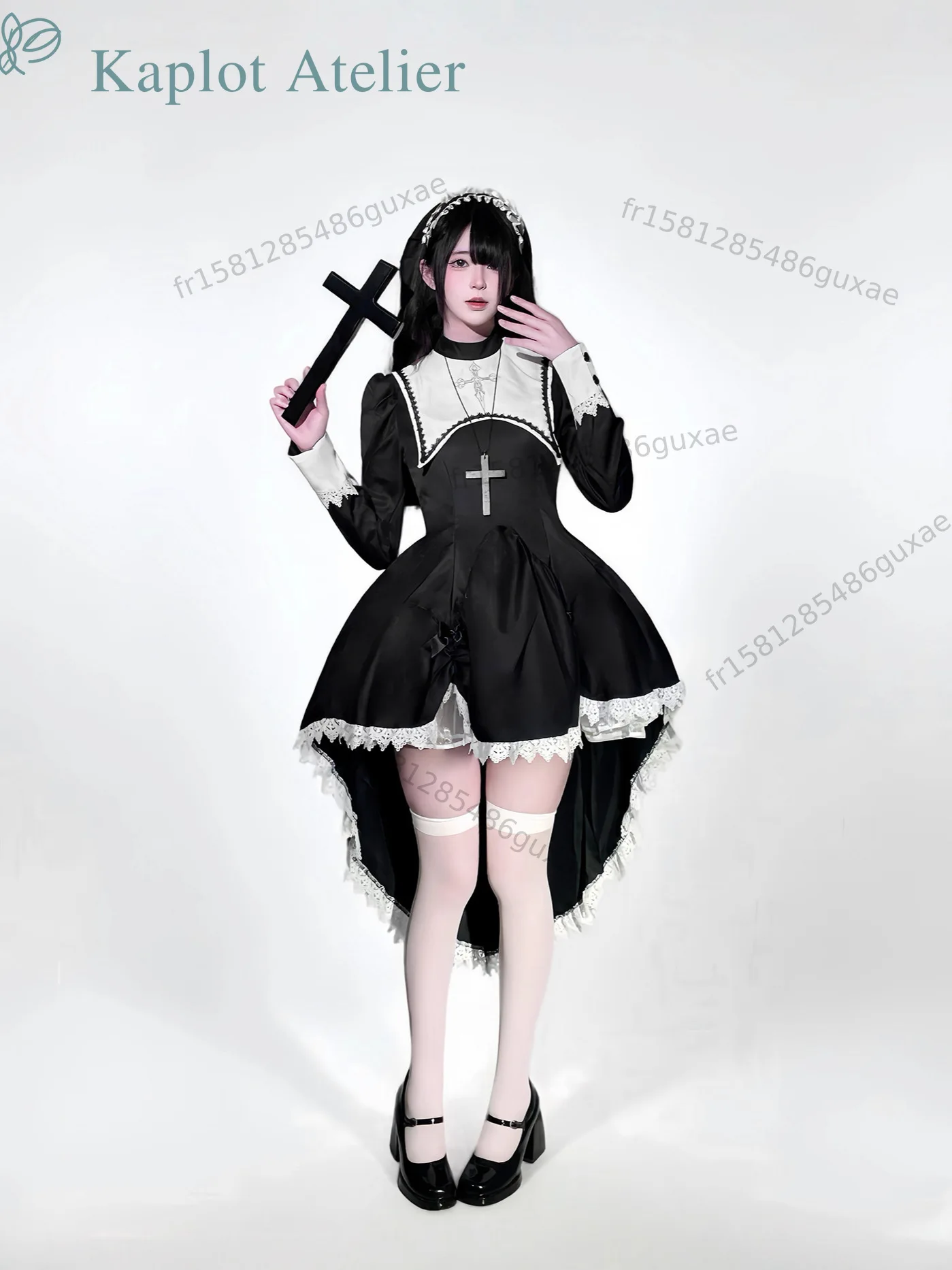 Gotisches dunkles besticktes Kreuz-Nonnenkostüm, Halloween-Cosplay-Outfit für Frauen, Karnevalsparty-Bühnenauftritt-Kostüm.
