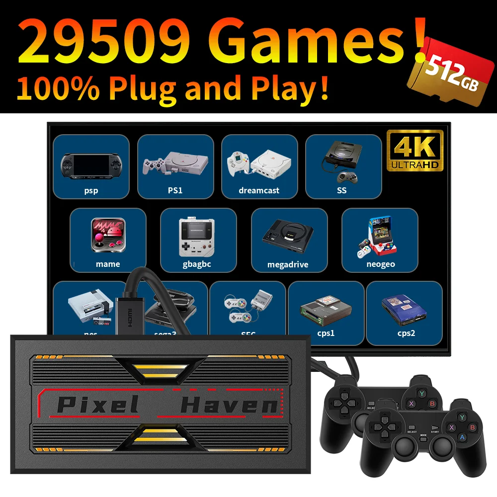 

4K HD Retro Game Box Pixel Haven Video Game Console Plug&Play for TV 29000+Games for DC/PS1/PSP/SS/MAME/NES/Sega with Controller