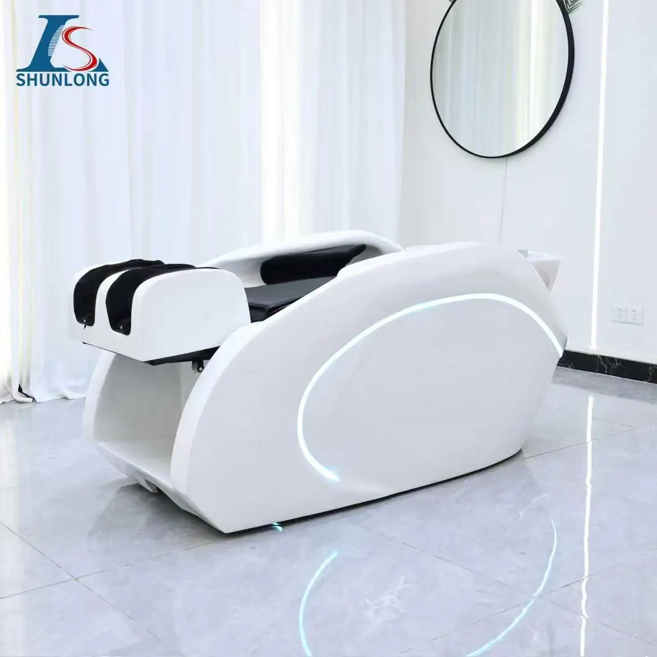 White Thai Shampoo Bed with LED Ambient Light, Reclining Massage Hair Washing Chair with Sink for Beauty Salon Barber Shop Head