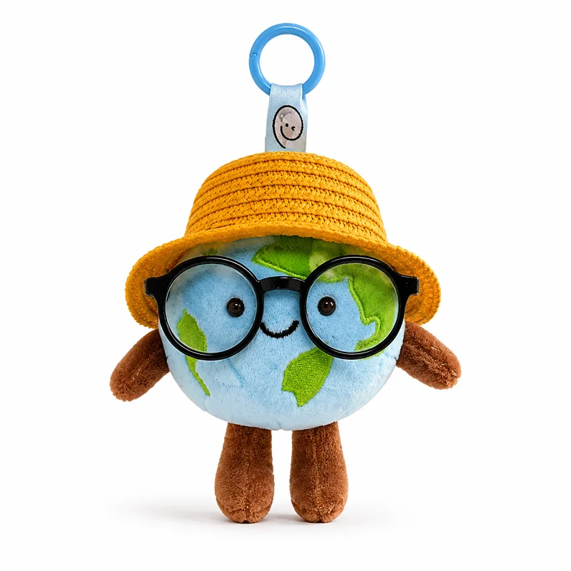 Niedlicher Plüsch-Erdkugel-Schlüsselanhänger mit Hut und Brille, Kawaii Weltkugel-Planeten-Anhänger, Stofftier-Taschenanhänger, Schlüsselring, Geschenk