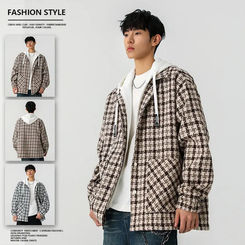 

Модная клетчатая куртка с капюшоном для мужчин, весенне-осенняя, повседневная, универсальная, брендовая, имитация двухслойности, городской стиль