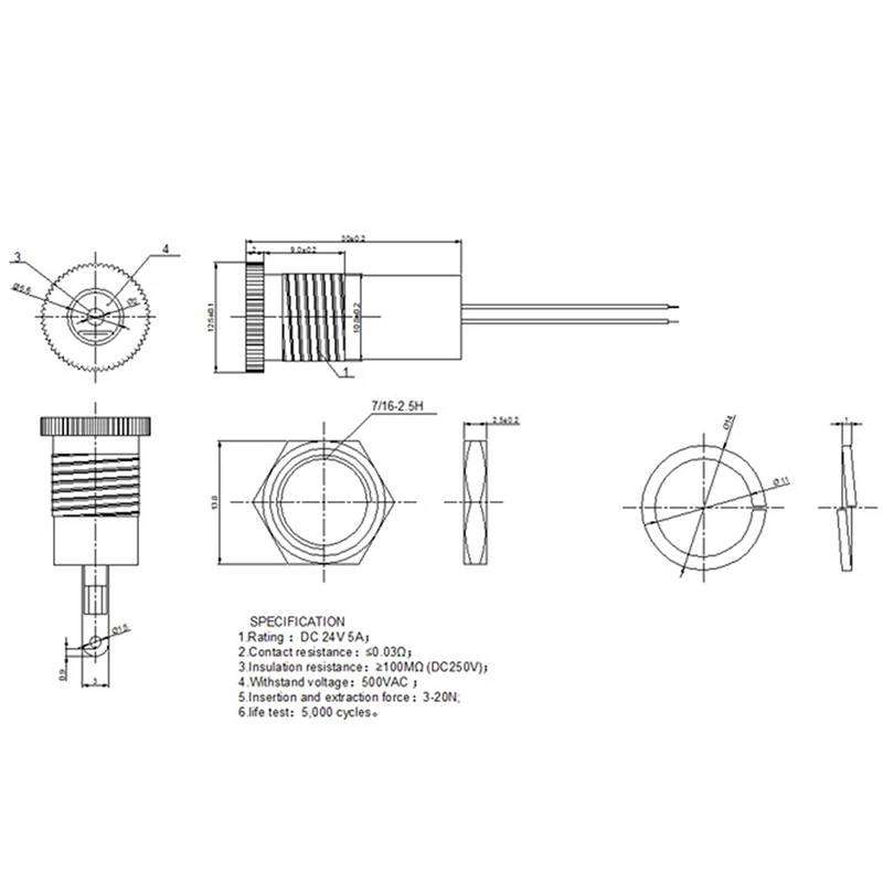 Adaptador de conector de soldadura con tuerca a presión, toma de corriente de 5,5x2,1 MM, 5A, IP68, resistente al agua, 5521/5525 CC, montaje en Panel hembra