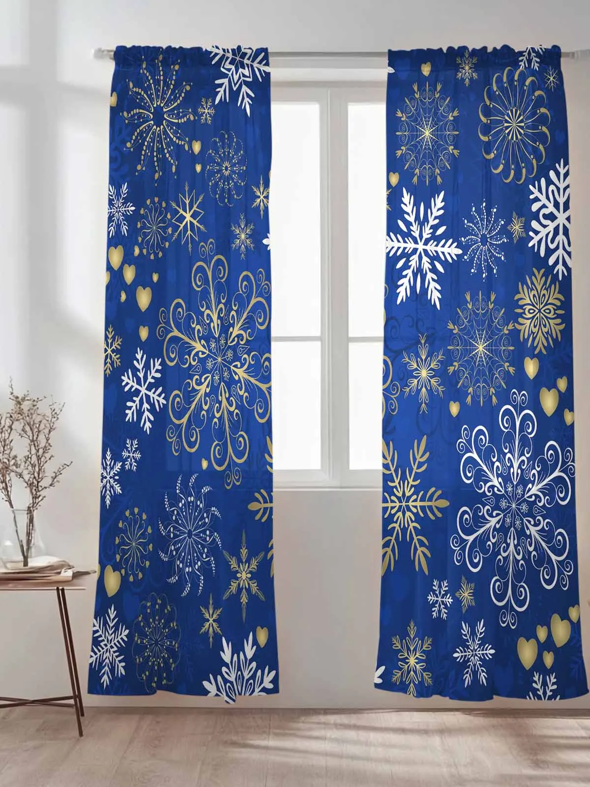 Cortinas transparentes de tul con textura de copo de nieve de invierno, color azul Retro, para sala de estar, dormitorio, cocina, decoración, cortinas de gasa de Organza