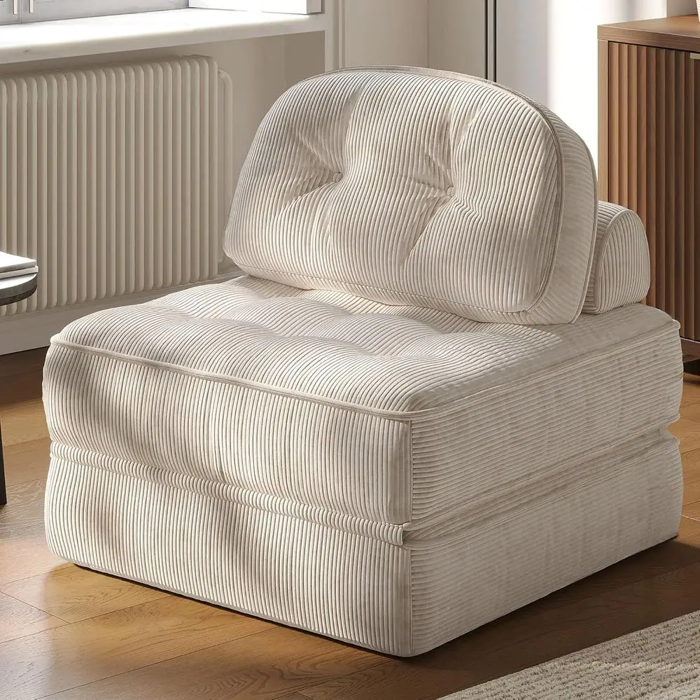 White Velvet Single Sofa Bed with Pillow, Convertible Couch for Comfortable Home Lounge and Gaming