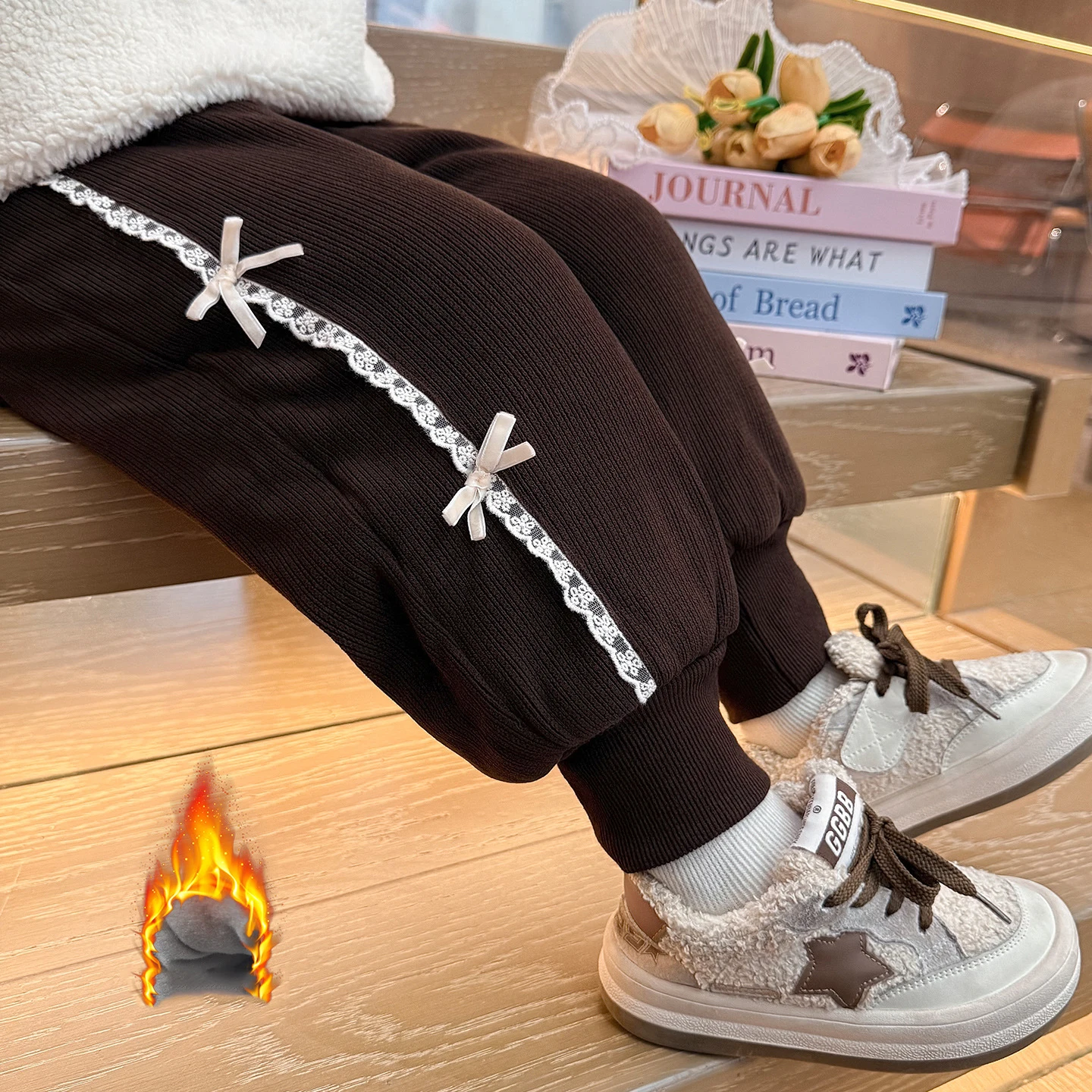 

UNITIM Infant Baby Girl Corduroy Pant Bow Appliques Thicken Warm Toddler Girls Jogger Pant Elastic Waist Little Girl Winter Pant